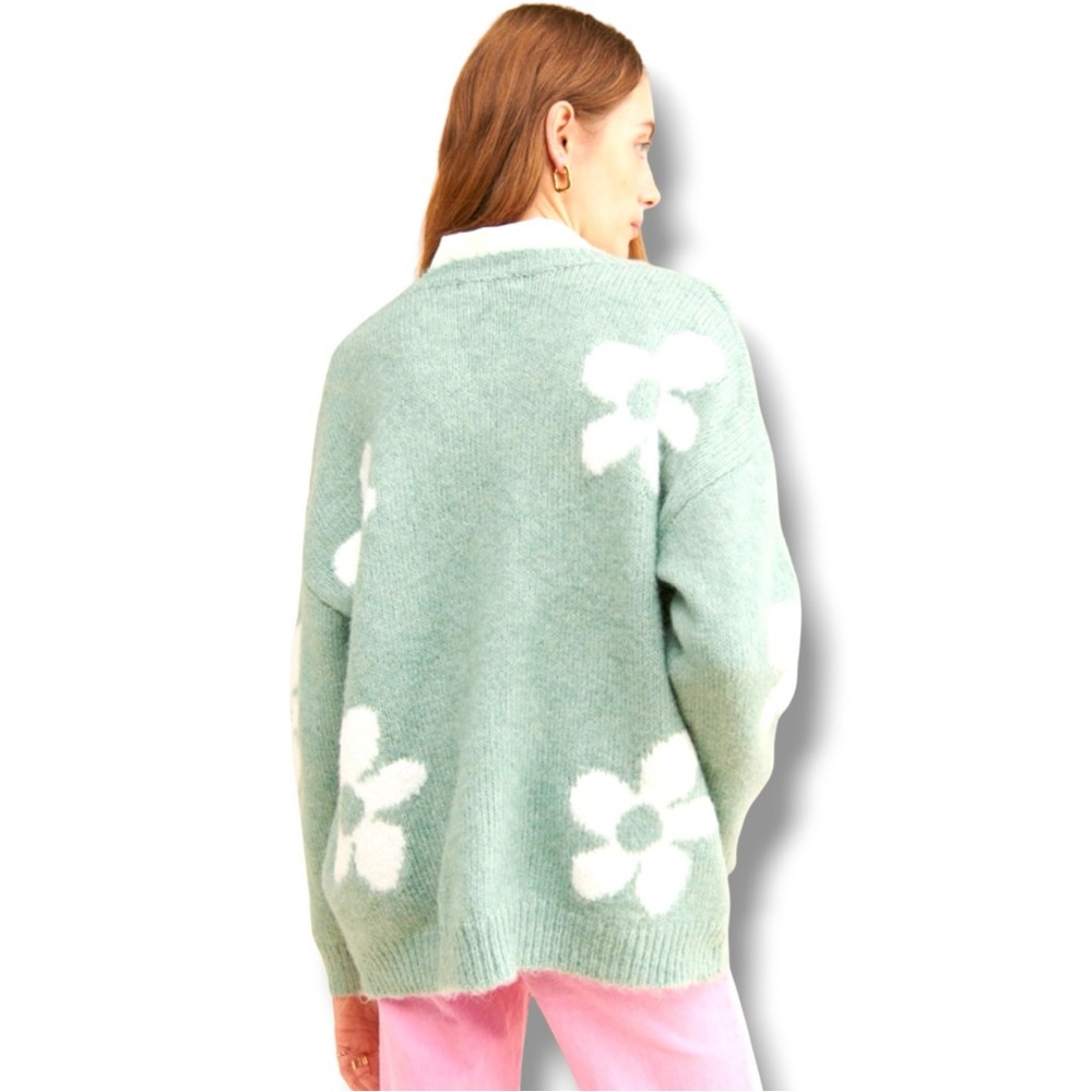 Little Lies M/L Mint Green with White Floral Crewneck Sweater Soft Intarsia Knit - Picture 2 of 16